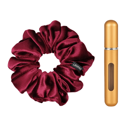 Intense Burgundy Velvet Scrunchie and Champagne Gold Mini Perfume Refillable Spray Bottle Gift Set