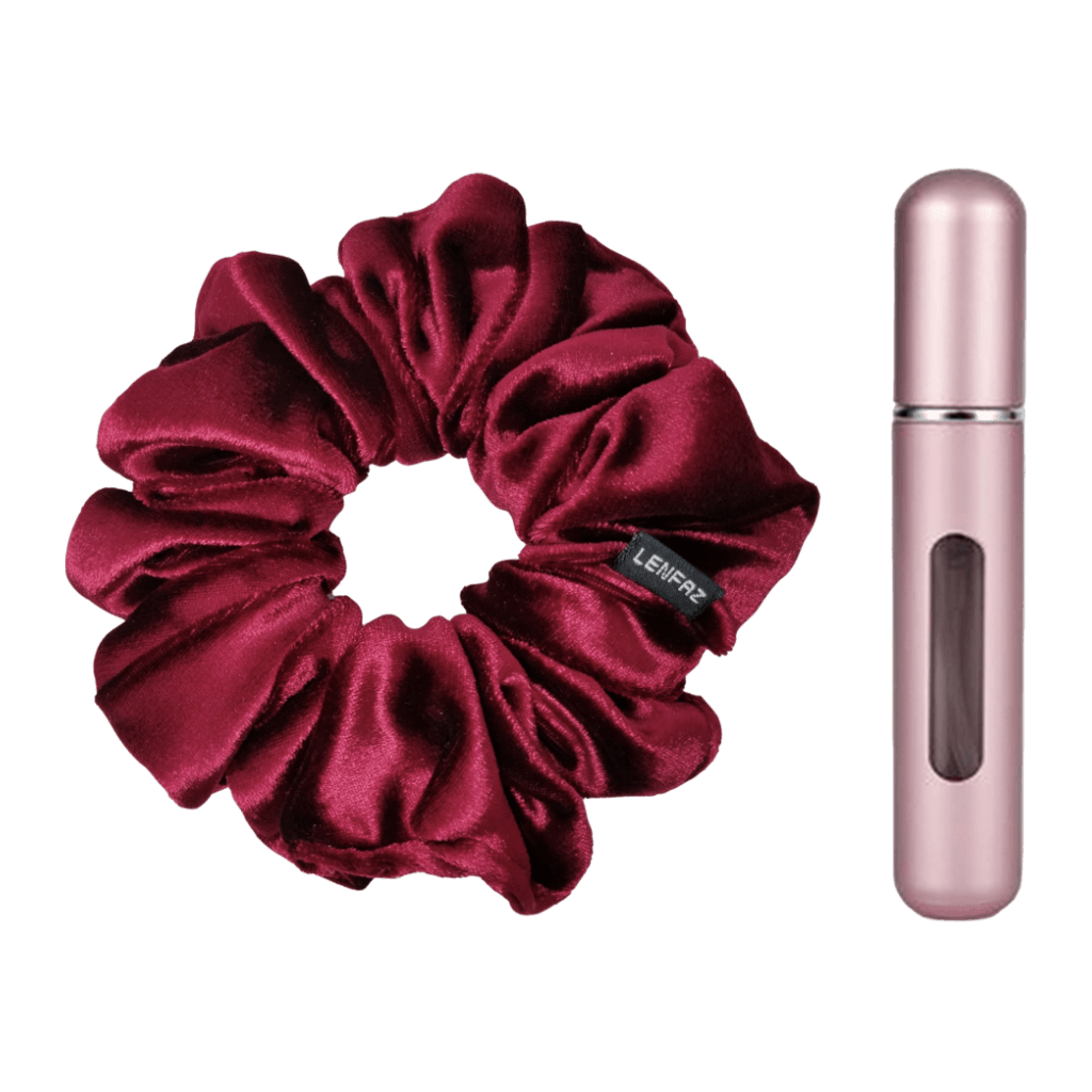 Intense Burgundy Velvet Scrunchie and Light Pink Mini Perfume Refillable Spray Bottle Gift Set