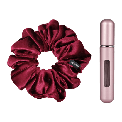 Intense Burgundy Velvet Scrunchie and Light Pink Mini Perfume Refillable Spray Bottle Gift Set