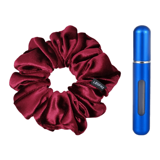 Intense Burgundy Velvet Scrunchie and Royal Blue Mini Perfume Refillable Spray Bottle Gift Set