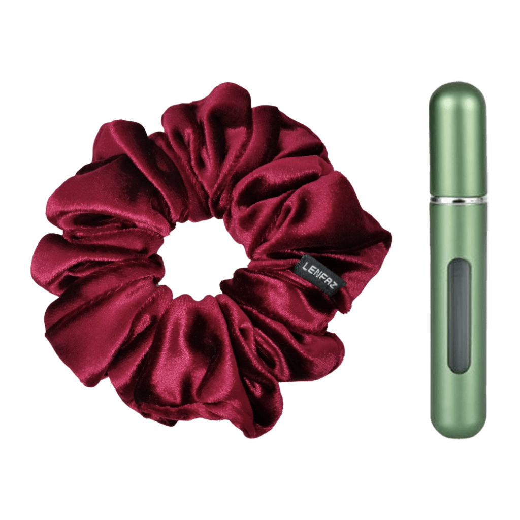 Intense Burgundy Velvet Scrunchie and Sage Green Mini Perfume Refillable Spray Bottle Gift Set