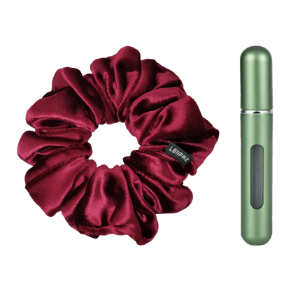 Intense Burgundy Velvet Scrunchie and Sage Green Mini Perfume Refillable Spray Bottle Gift Set