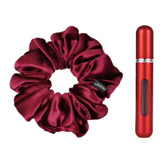 Intense Burgundy Velvet Scrunchie and So Red Mini Perfume Refillable Spray Bottle Gift Set