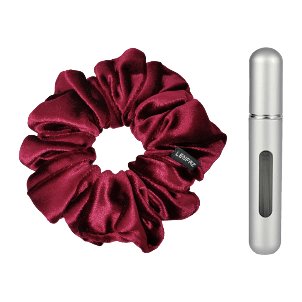 Intense Burgundy Velvet Scrunchie and Steel Silver Mini Perfume Refillable Spray Bottle Gift Set