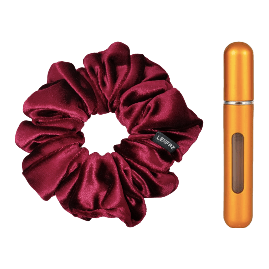 Intense Burgundy Velvet Scrunchie and Sunset Yellow Mini Perfume Refillable Spray Bottle Gift Set