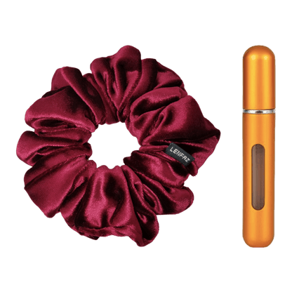 Intense Burgundy Velvet Scrunchie and Sunset Yellow Mini Perfume Refillable Spray Bottle Gift Set