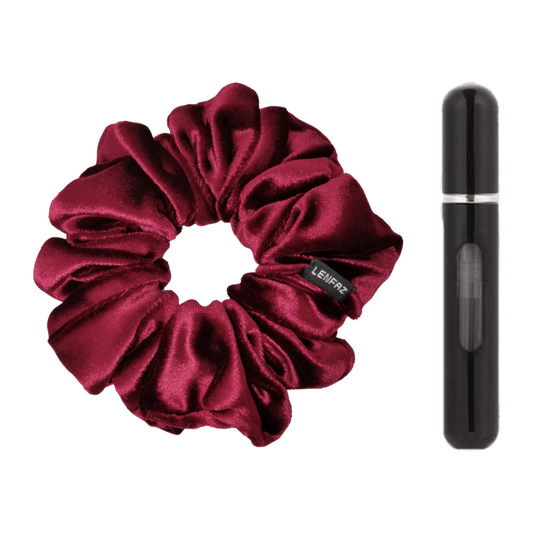 Intense Burgundy Velvet Scrunchie and Ultra Black Mini Perfume Refillable Spray Bottle Gift Set