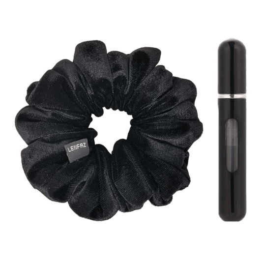 Black Diamond Velvet Scrunchie and Ultra Black Mini Perfume Refillable Spray Bottle Gift Set