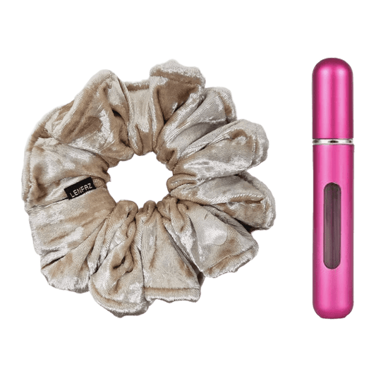 French Vanilla Velvet Scrunchie and Berry Pink Mini Perfume Refillable Spray Bottle Gift Set