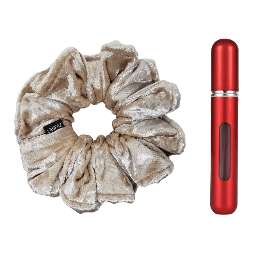 French Vanilla Velvet Scrunchie and So Red Mini Perfume Refillable Spray Bottle Gift Set