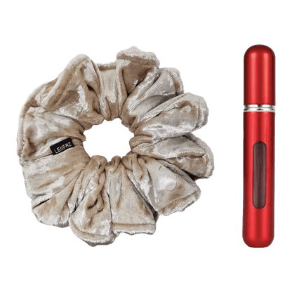 French Vanilla Velvet Scrunchie and So Red Mini Perfume Refillable Spray Bottle Gift Set