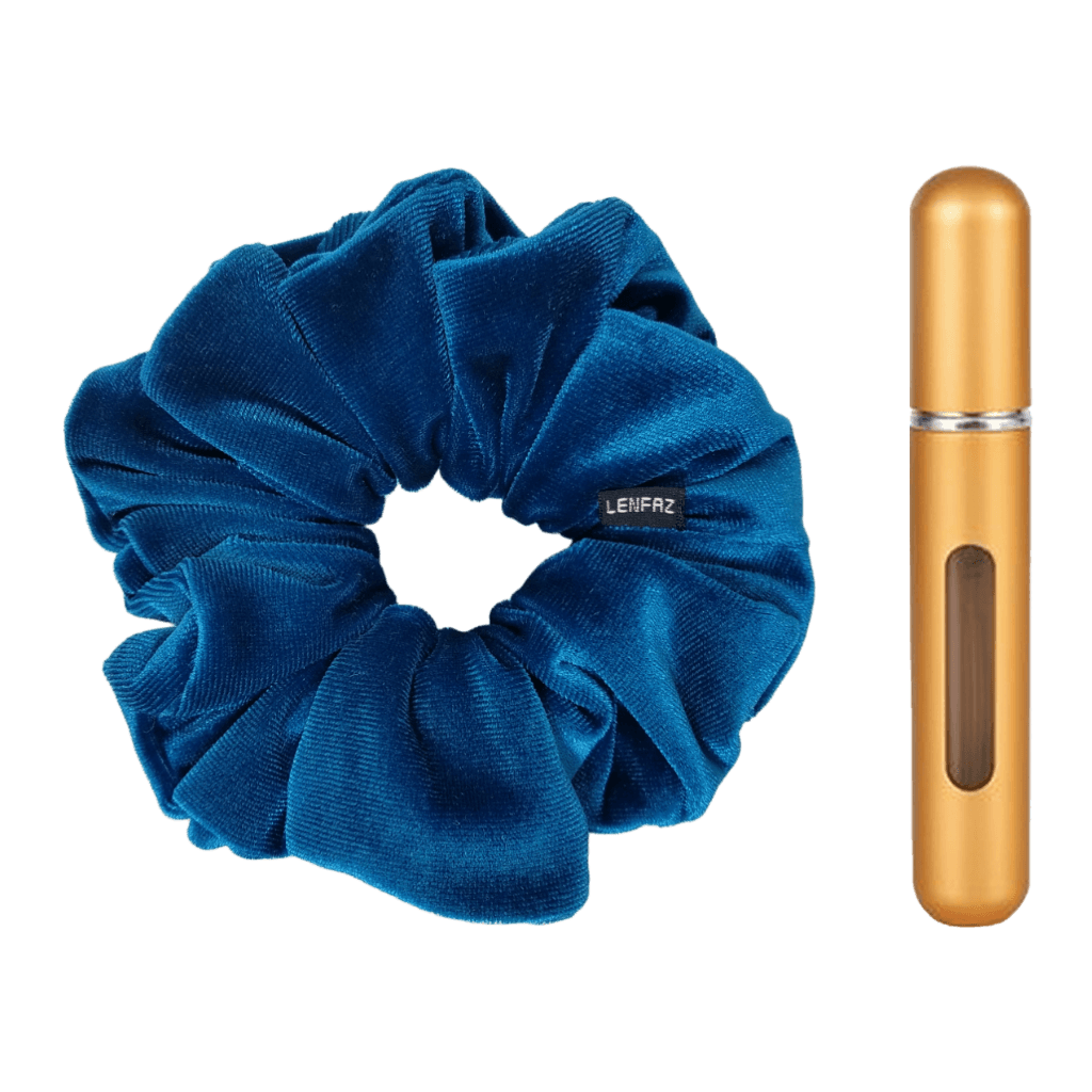 Peacock Blue Velvet Scrunchie and Champagne Gold Mini Perfume Refillable Spray Bottle Gift Set