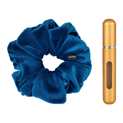 Peacock Blue Velvet Scrunchie and Champagne Gold Mini Perfume Refillable Spray Bottle Gift Set