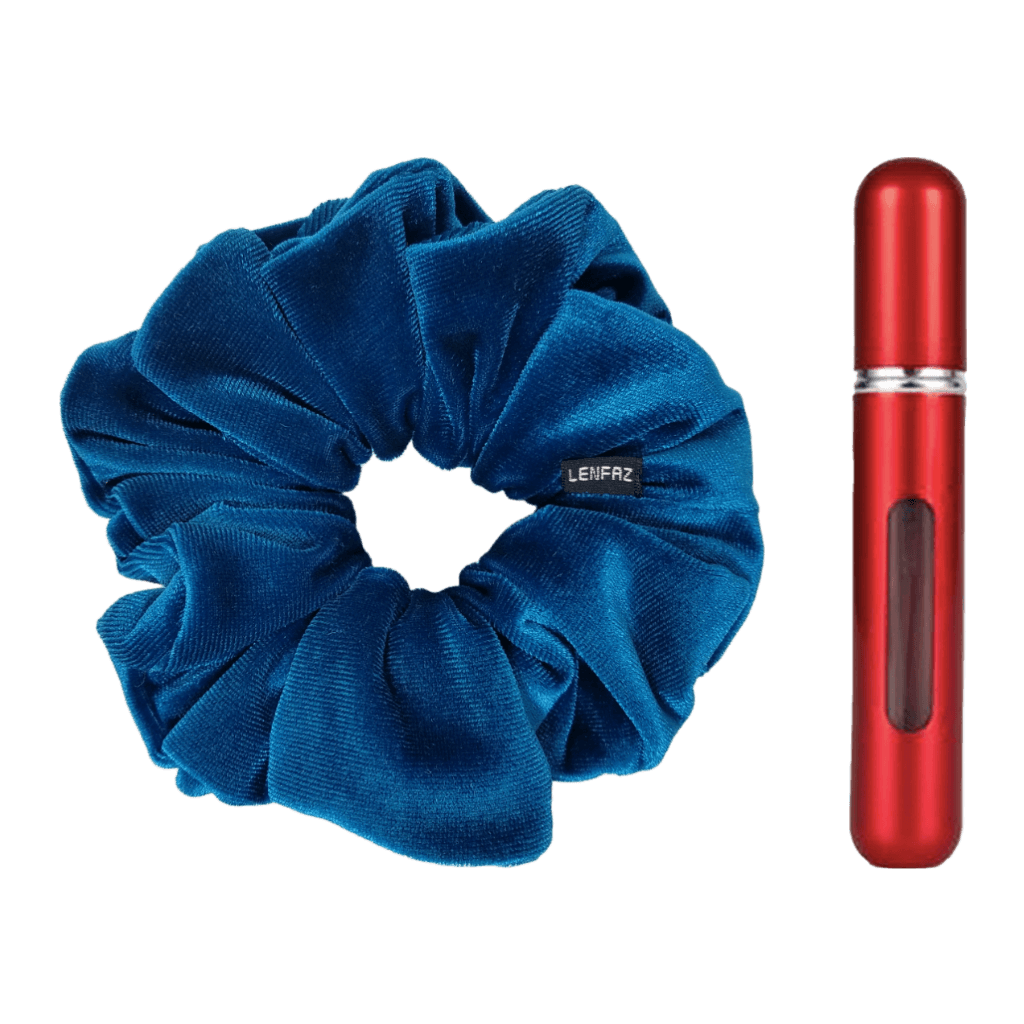 Peacock Blue Velvet Scrunchie and So Red Mini Perfume Refillable Spray Bottle Gift Set