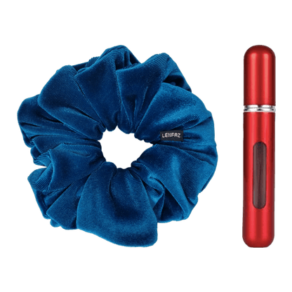 Peacock Blue Velvet Scrunchie and So Red Mini Perfume Refillable Spray Bottle Gift Set