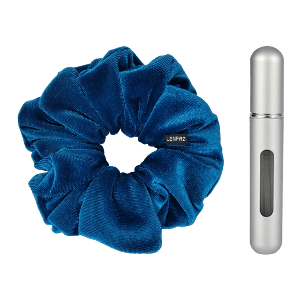 Peacock Blue Velvet Scrunchie and Steel Silver Mini Perfume Refillable Spray Bottle Gift Set