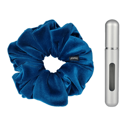 Peacock Blue Velvet Scrunchie and Steel Silver Mini Perfume Refillable Spray Bottle Gift Set