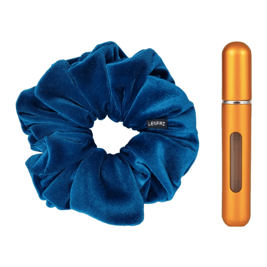 Peacock Blue Velvet Scrunchie and Sunset Yellow Mini Perfume Refillable Spray Bottle Gift Set