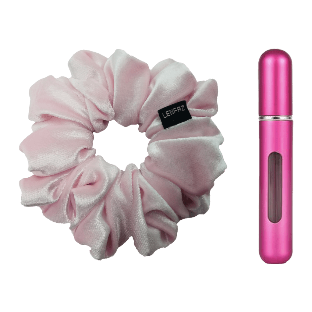 Petal Pink Velvet Scrunchie and Berry Pink Mini Perfume Refillable Spray Bottle Gift Set
