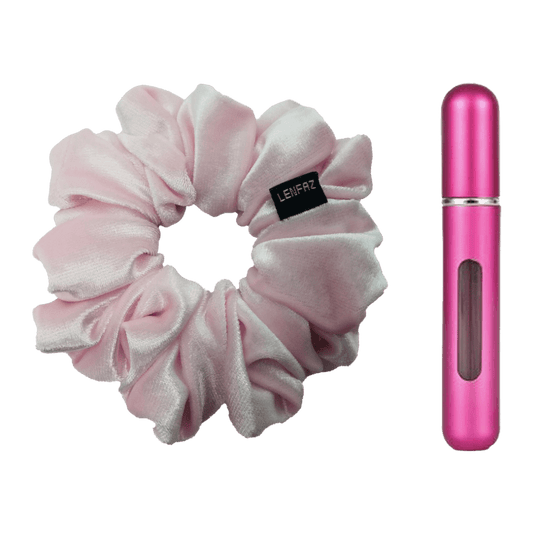 Petal Pink Velvet Scrunchie and Berry Pink Mini Perfume Refillable Spray Bottle Gift Set