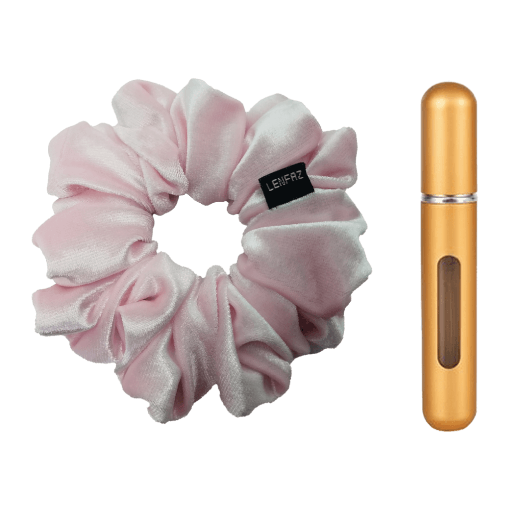 Petal Pink Velvet Scrunchie and Champagne Gold Mini Perfume Refillable Spray Bottle Gift Set