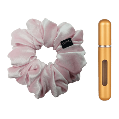 Petal Pink Velvet Scrunchie and Champagne Gold Mini Perfume Refillable Spray Bottle Gift Set