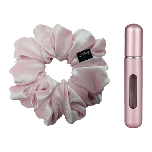 Petal Pink Velvet Scrunchie and Light Pink Mini Perfume Refillable Spray Bottle Gift Set