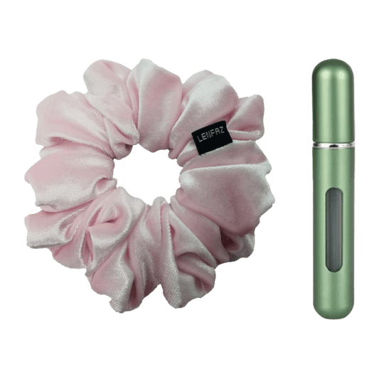 Petal Pink Velvet Scrunchie and Sage Green Mini Perfume Refillable Spray Bottle Gift Set