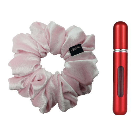 Petal Pink Velvet Scrunchie and So Red Mini Perfume Refillable Spray Bottle Gift Set