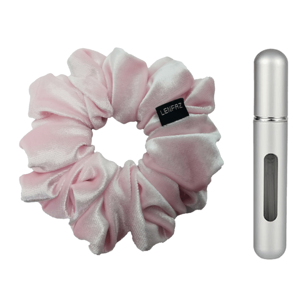 Petal Pink Velvet Scrunchie and Steel Silver Mini Perfume Refillable Spray Bottle Gift Set