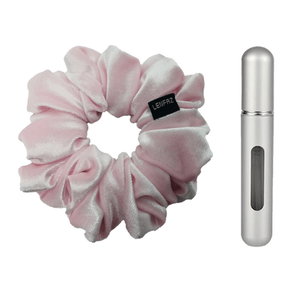 Petal Pink Velvet Scrunchie and Steel Silver Mini Perfume Refillable Spray Bottle Gift Set