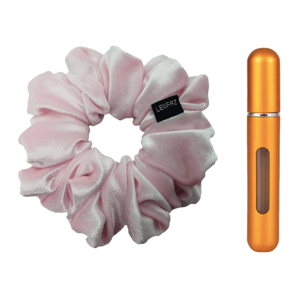 Petal Pink Velvet Scrunchie and Sunset Yellow Mini Perfume Refillable Spray Bottle Gift Set