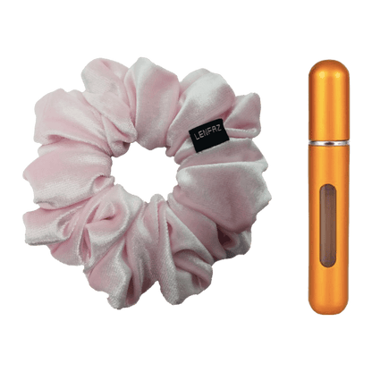 Petal Pink Velvet Scrunchie and Sunset Yellow Mini Perfume Refillable Spray Bottle Gift Set