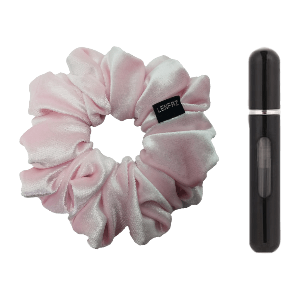 Petal Pink Velvet Scrunchie and Ultra Black Mini Perfume Refillable Spray Bottle Gift Set