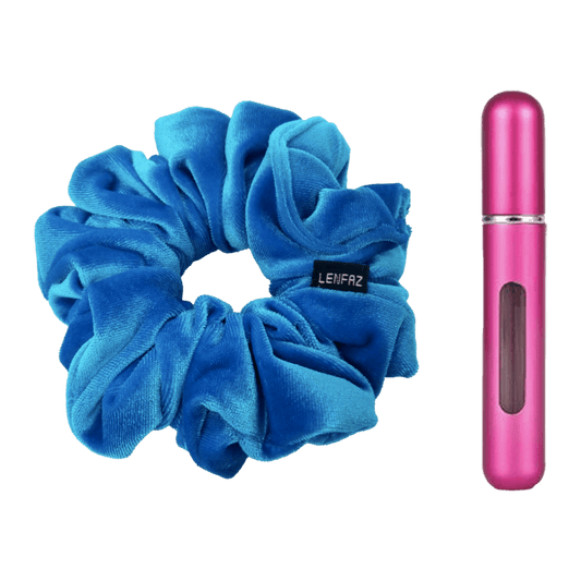 Sky Blue Velvet Scrunchie and Berry Pink Mini Perfume Refillable Spray Bottle Gift Set