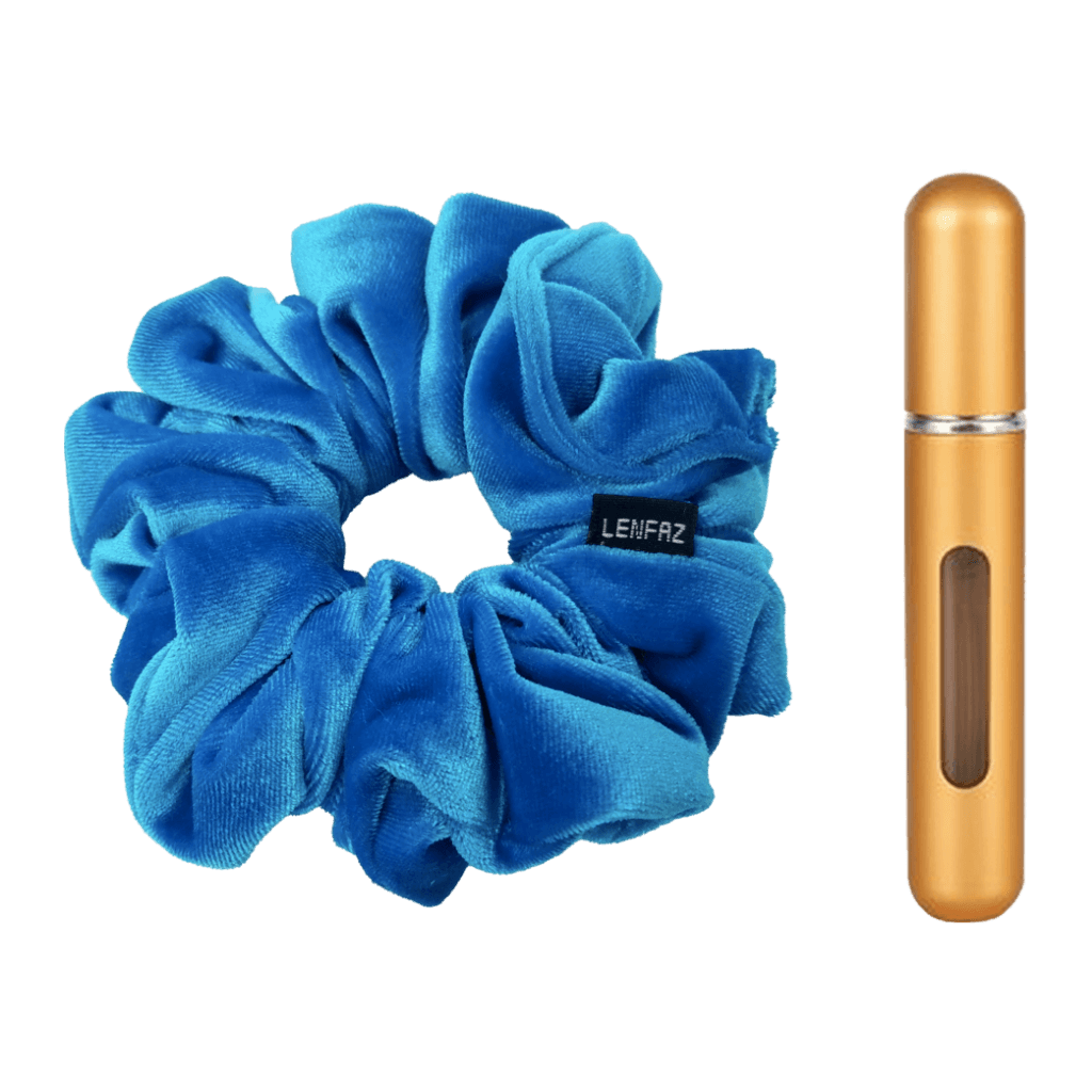 Sky Blue Velvet Scrunchie and Champagne Gold Mini Perfume Refillable Spray Bottle Gift Set