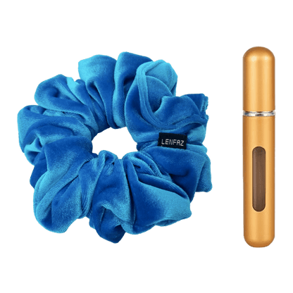 Sky Blue Velvet Scrunchie and Champagne Gold Mini Perfume Refillable Spray Bottle Gift Set