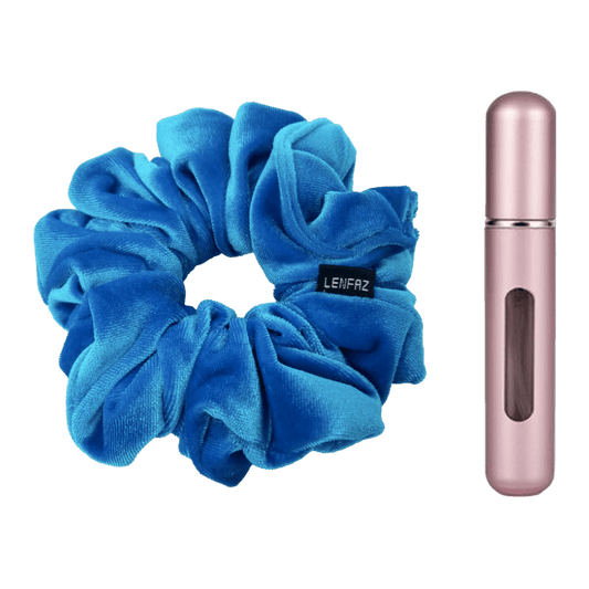 Sky Blue Velvet Scrunchie and Light Pink Mini Perfume Refillable Spray Bottle Gift Set