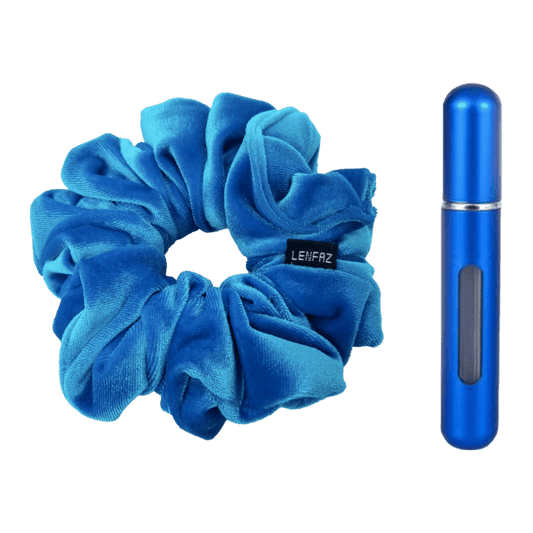 Sky Blue Velvet Scrunchie and Royal Blue Mini Perfume Refillable Spray Bottle Gift Set