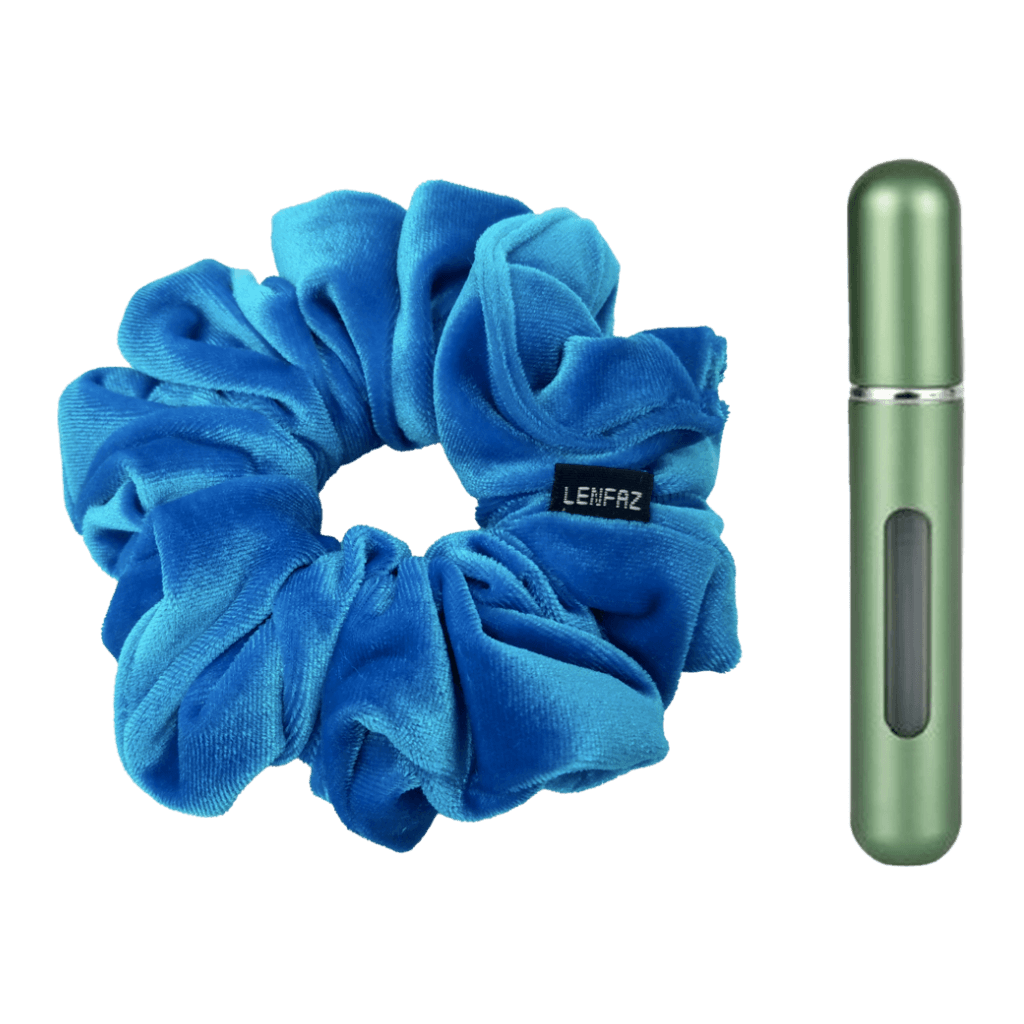 Sky Blue Velvet Scrunchie and Sage Green Mini Perfume Refillable Spray Bottle Gift Set