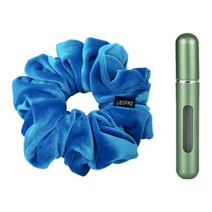 Sky Blue Velvet Scrunchie and Sage Green Mini Perfume Refillable Spray Bottle Gift Set