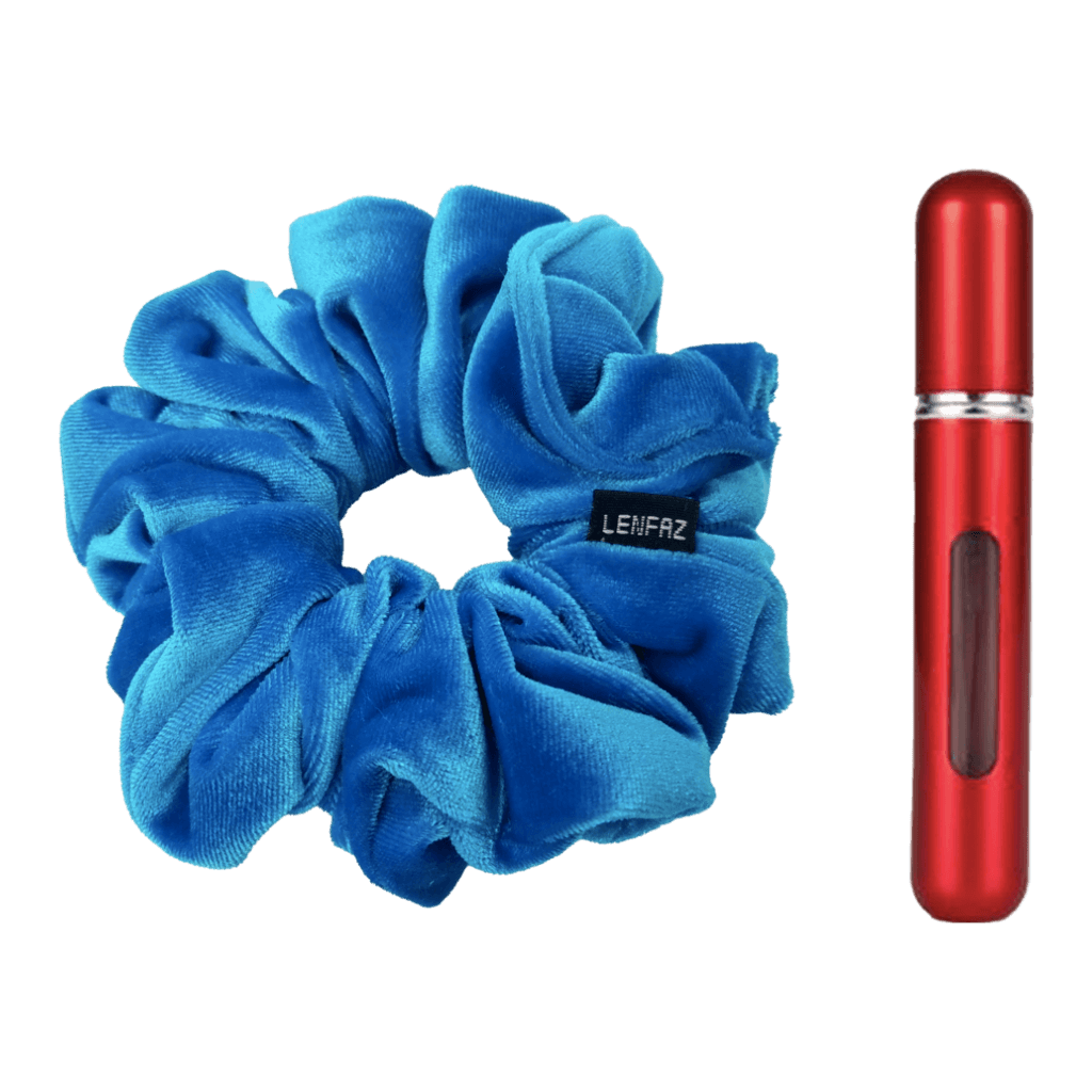 Sky Blue Velvet Scrunchie and So Red Mini Perfume Refillable Spray Bottle Gift Set