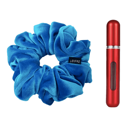 Sky Blue Velvet Scrunchie and So Red Mini Perfume Refillable Spray Bottle Gift Set