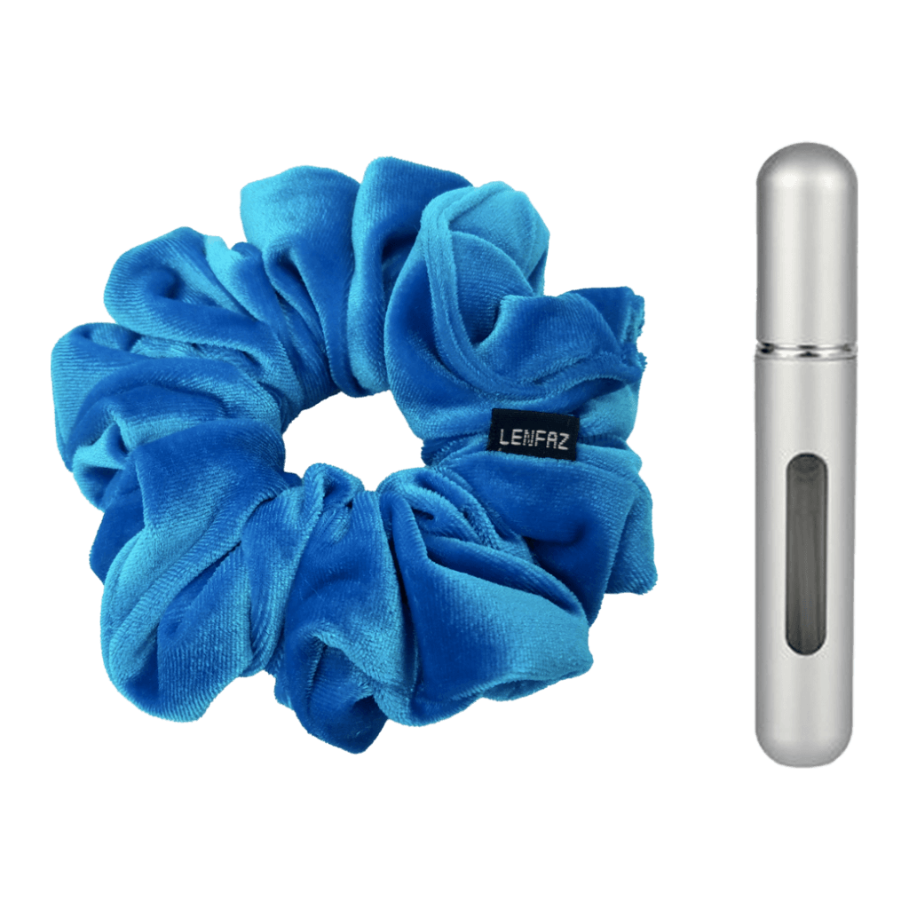 Sky Blue Velvet Scrunchie and Steel Silver Mini Perfume Refillable Spray Bottle Gift Set