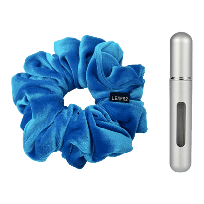 Sky Blue Velvet Scrunchie and Steel Silver Mini Perfume Refillable Spray Bottle Gift Set