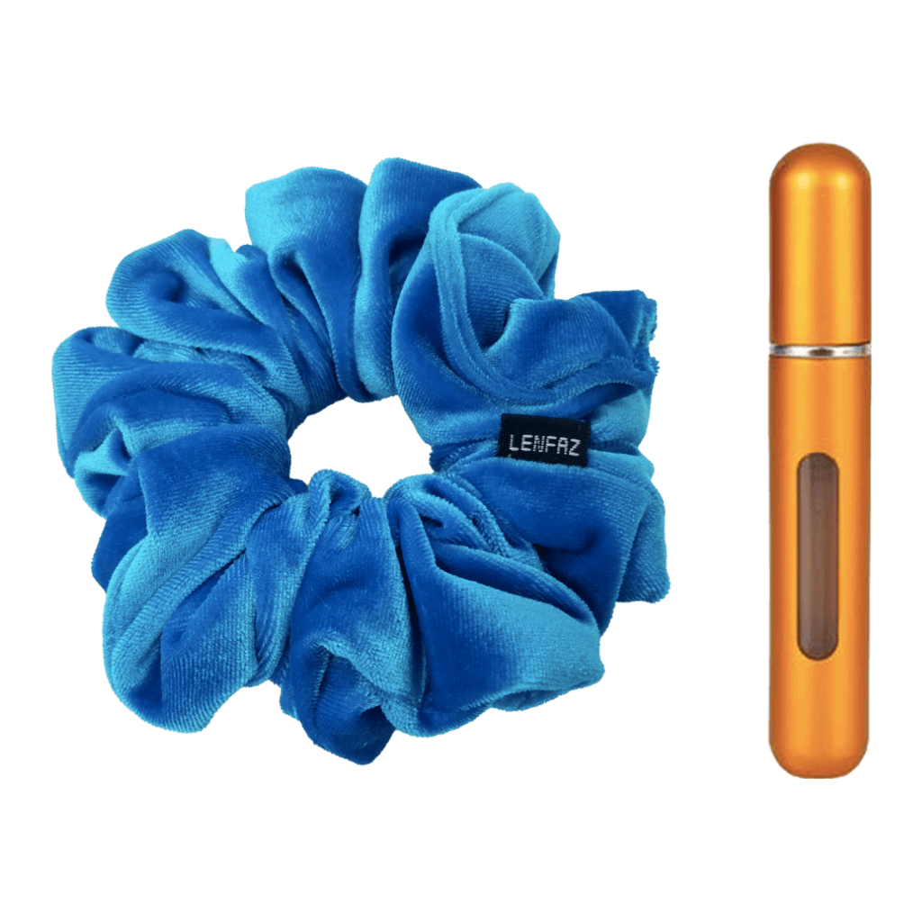 Sky Blue Velvet Scrunchie and Sunset Yellow Mini Perfume Refillable Spray Bottle Gift Set