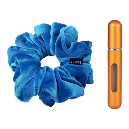 Sky Blue Velvet Scrunchie and Sunset Yellow Mini Perfume Refillable Spray Bottle Gift Set