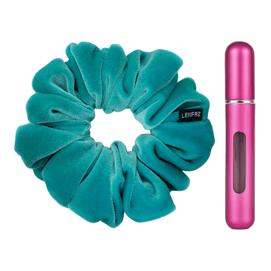 Sea Green Velvet Scrunchie and Berry Pink Mini Perfume Refillable Spray Bottle Gift Set