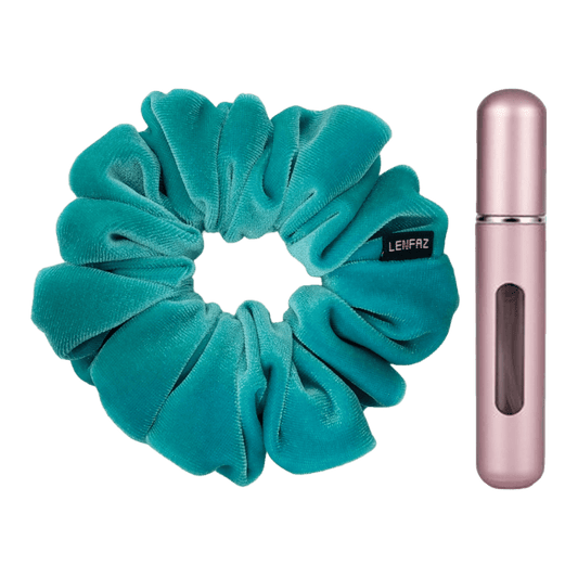 Sea Green Velvet Scrunchie and Light Pink Mini Perfume Refillable Spray Bottle Gift Set