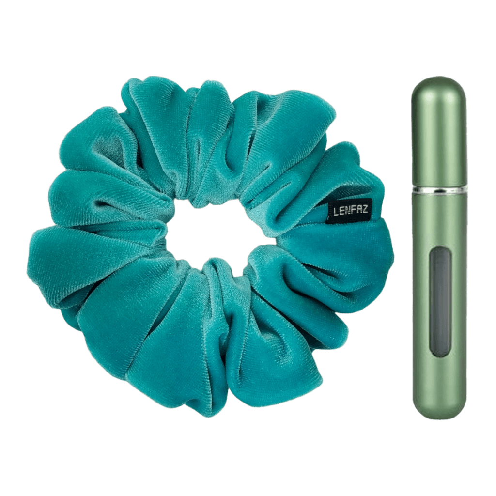 Sea Green Velvet Scrunchie and Sage Green Mini Perfume Refillable Spray Bottle Gift Set